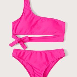 SHEIN Neon Pink Tie Front One Shoulder Bikini Swimsuit